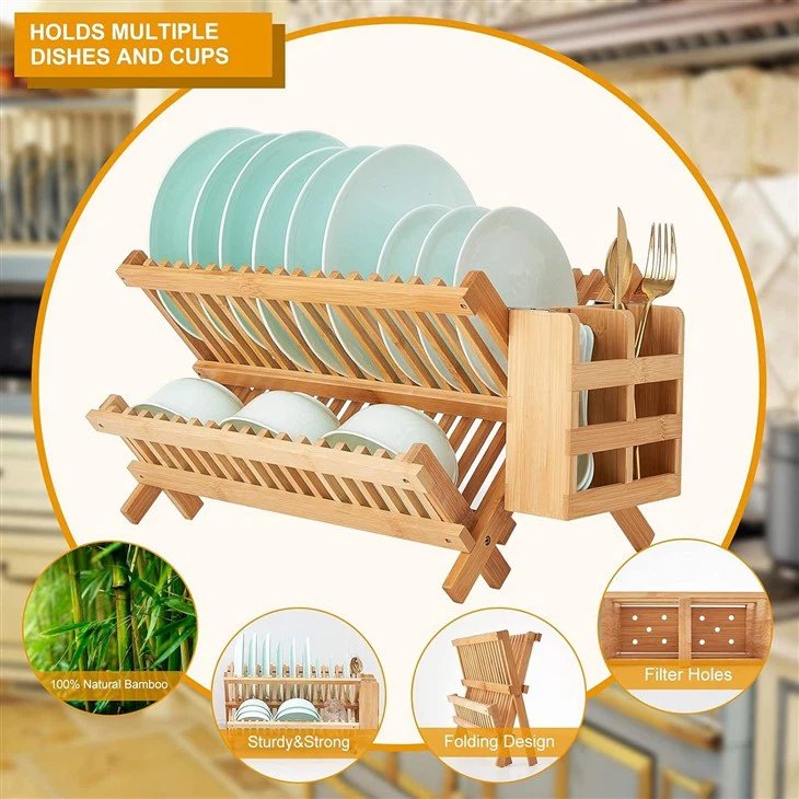 Bamboo Collapsible Dish Rack With Utensil Holder high quality