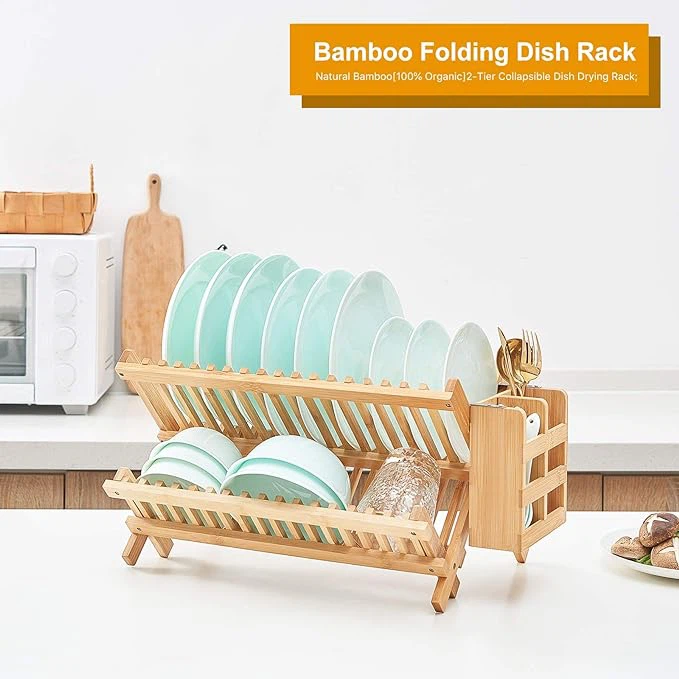 Bamboo Collapsible Dish Rack With Utensil Holder factory